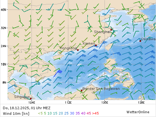 Windstärke (kn) und -richtung Do, 01 Uhr MEZ