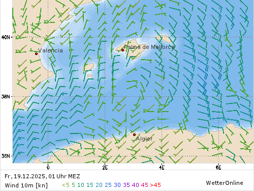 Windstärke (kn) und -richtung Fr, 01 Uhr MEZ
