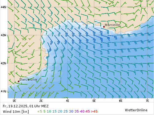 Windstärke (kn) und -richtung Fr, 01 Uhr MEZ