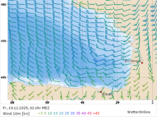 Windstärke (kn) und -richtung Fr, 01 Uhr MEZ
