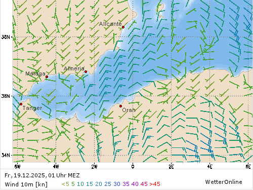 Windstärke (kn) und -richtung Fr, 01 Uhr MEZ