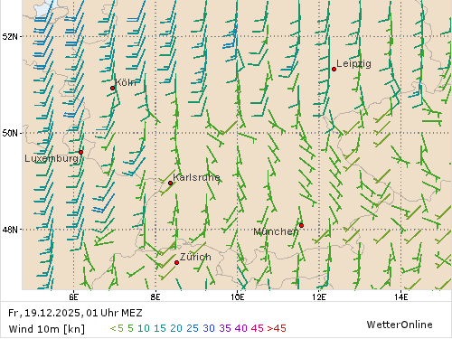 Windstärke (kn) und -richtung Fr, 01 Uhr MEZ