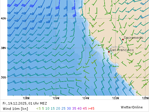 Windstärke (kn) und -richtung Fr, 01 Uhr MEZ
