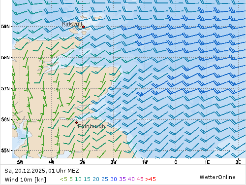Windstärke (kn) und -richtung Sa, 01 Uhr MEZ
