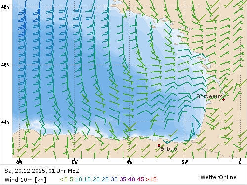 Windstärke (kn) und -richtung Sa, 01 Uhr MEZ