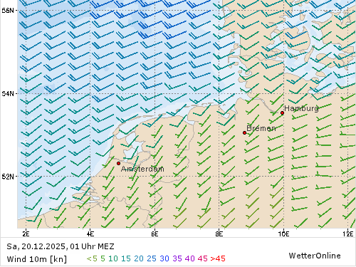 Windstärke (kn) und -richtung Sa, 01 Uhr MEZ