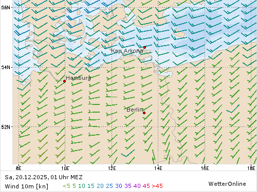 Windstärke (kn) und -richtung Sa, 01 Uhr MEZ