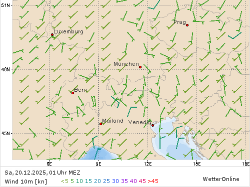 Windstärke (kn) und -richtung Sa, 01 Uhr MEZ