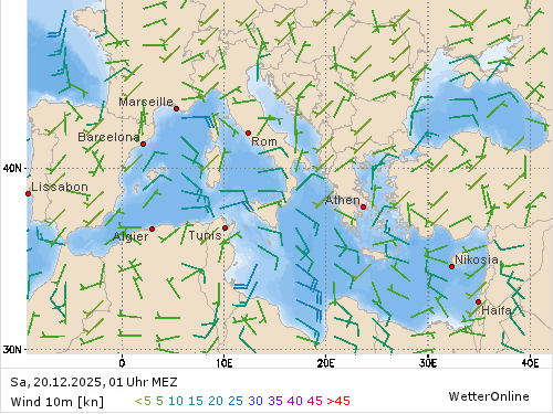 Windstärke (kn) und -richtung Sa, 01 Uhr MEZ