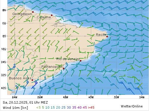 Windstärke (kn) und -richtung Sa, 01 Uhr MEZ