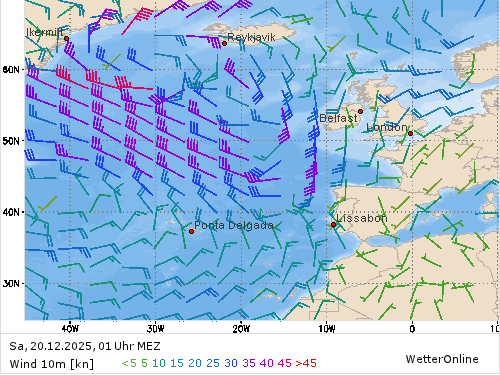 Windstärke (kn) und -richtung Sa, 01 Uhr MEZ