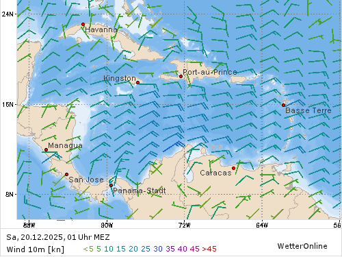 Windstärke (kn) und -richtung Sa, 01 Uhr MEZ