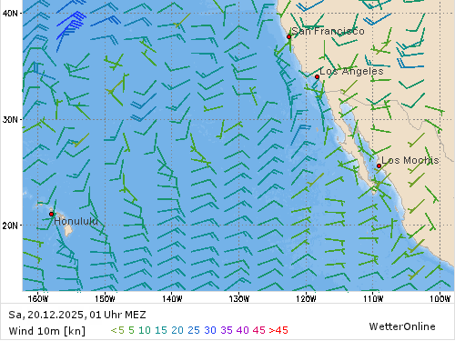 Windstärke (kn) und -richtung Sa, 01 Uhr MEZ