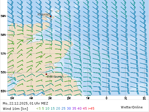 Windstärke (kn) und -richtung Mo, 01 Uhr MEZ