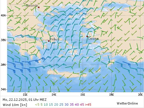 Windstärke (kn) und -richtung Mo, 01 Uhr MEZ