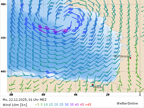 Windstärke (kn) und -richtung Mo, 01 Uhr MEZ