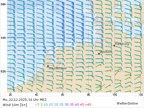 Windstärke (kn) und -richtung Mo, 01 Uhr MEZ