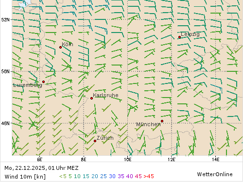 Windstärke (kn) und -richtung Mo, 01 Uhr MEZ