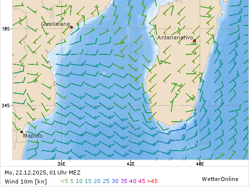 Windstärke (kn) und -richtung Mo, 01 Uhr MEZ