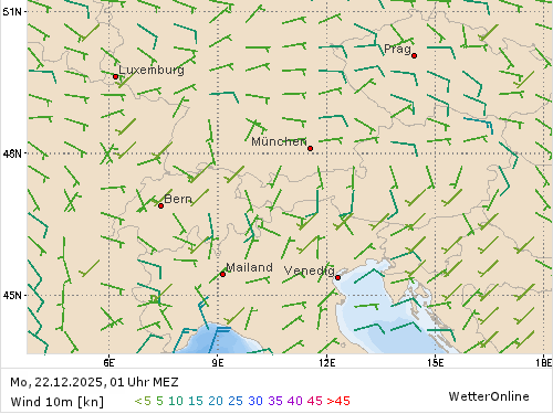 Windstärke (kn) und -richtung Mo, 01 Uhr MEZ