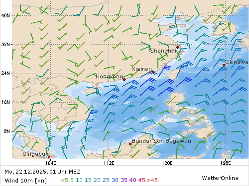Windstärke (kn) und -richtung Mo, 01 Uhr MEZ