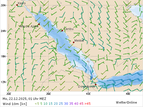 Windstärke (kn) und -richtung Mo, 01 Uhr MEZ
