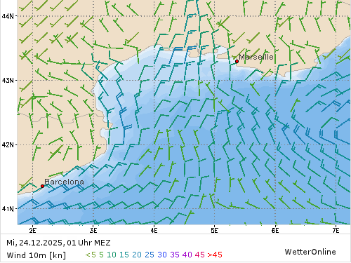 Windstärke (kn) und -richtung Mi, 01 Uhr MEZ