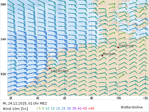 Windstärke (kn) und -richtung Mi, 01 Uhr MEZ
