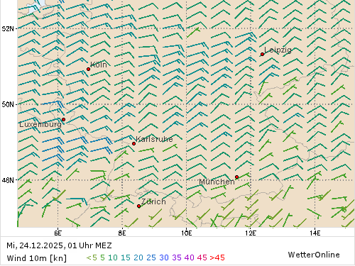 Windstärke (kn) und -richtung Mi, 01 Uhr MEZ