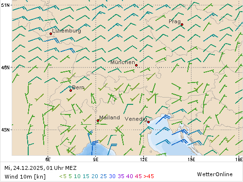Windstärke (kn) und -richtung Mi, 01 Uhr MEZ