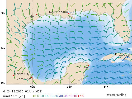 Windstärke (kn) und -richtung Mi, 01 Uhr MEZ