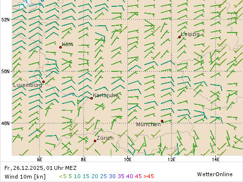 Windstärke (kn) und -richtung Fr, 01 Uhr MEZ