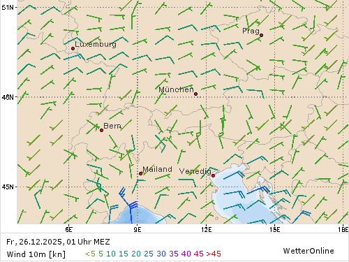 Windstärke (kn) und -richtung Fr, 01 Uhr MEZ