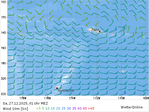 Windstärke (kn) und -richtung Sa, 01 Uhr MEZ