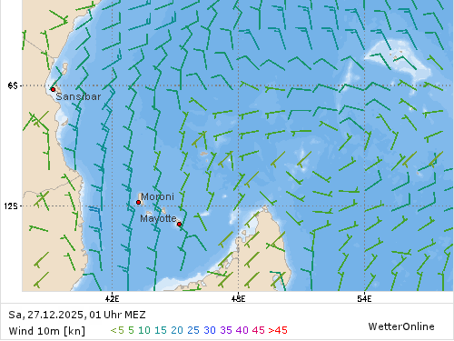 Windstärke (kn) und -richtung Sa, 01 Uhr MEZ