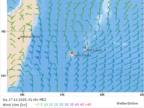 Windstärke (kn) und -richtung Sa, 01 Uhr MEZ