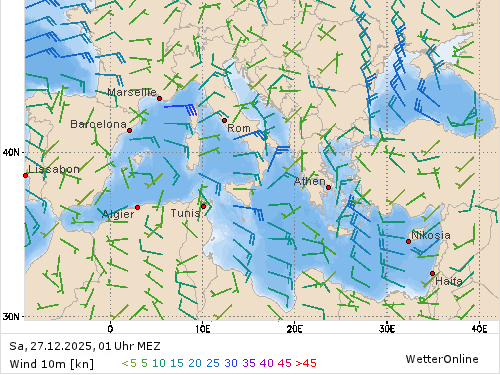 Windstärke (kn) und -richtung Sa, 01 Uhr MEZ