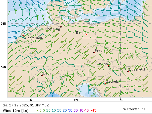 Windstärke (kn) und -richtung Sa, 01 Uhr MEZ