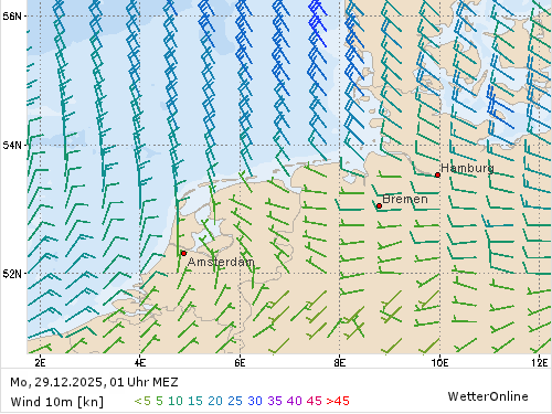 Windstärke (kn) und -richtung Mo, 01 Uhr MEZ
