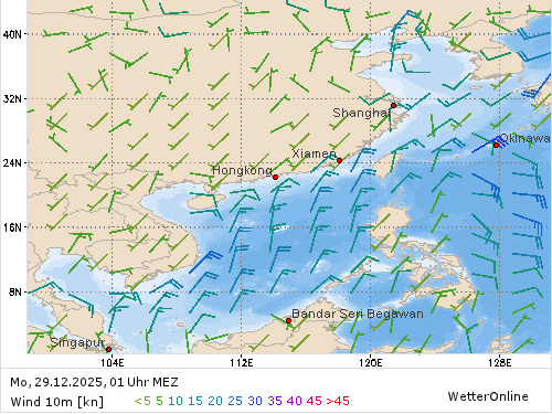 Windstärke (kn) und -richtung Mo, 01 Uhr MEZ