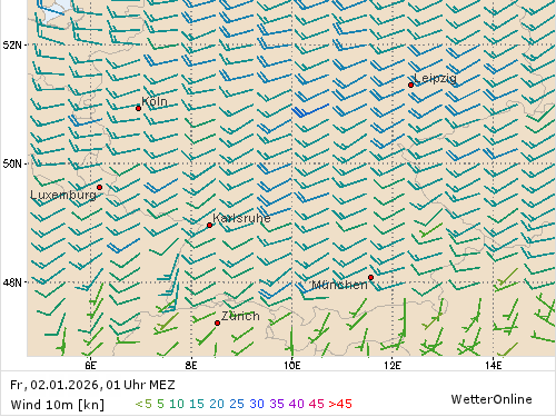 Windstärke (kn) und -richtung Fr, 01 Uhr MEZ