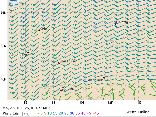Windstärke (kn) und -richtung Mo, 01 Uhr MEZ Windstärke (kn) und -richtung Mo, 01 Uhr MEZ