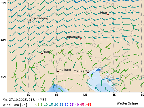 Windstärke (kn) und -richtung Mo, 01 Uhr MEZ Windstärke (kn) und -richtung Mo, 01 Uhr MEZ