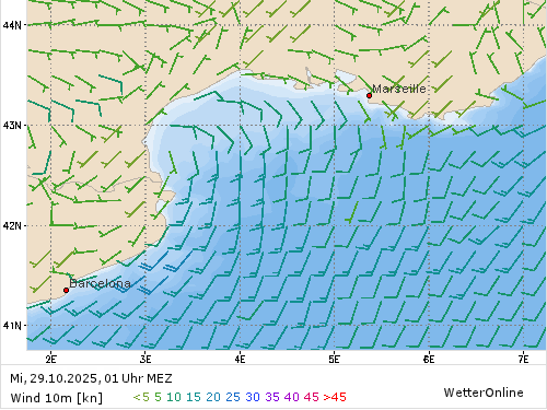 Windstärke (kn) und -richtung Mi, 01 Uhr MEZ Windstärke (kn) und -richtung Mi, 01 Uhr MEZ