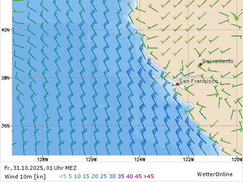 Windstärke (kn) und -richtung Fr, 01 Uhr MEZ Windstärke (kn) und -richtung Fr, 01 Uhr MEZ